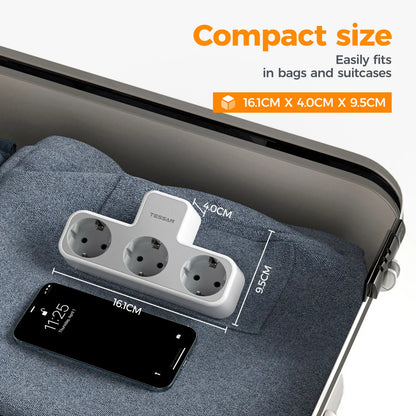 TESSAN 6-in-1 Socket Adapter – 3-Way Outlet with USB & Surge Protection for Travel, Smartphones & Laptops!