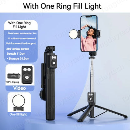 Bluetooth Wireless Selfie Stick – Foldable Phone Stand with Ring Light for Makeup, Video, & Live Streaming
