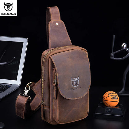 BULLCAPTAIN Men's Crazy Horse Leather Crossbody Bag – Retro Chest Bag for Travel & Daily Use