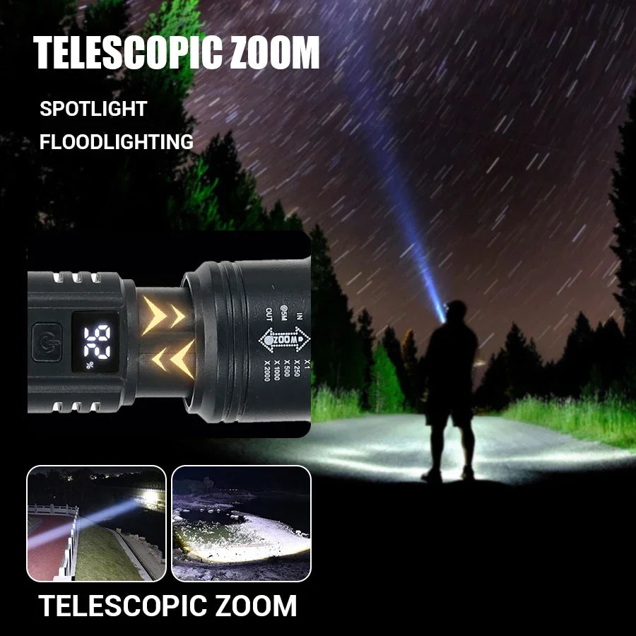 High-Power 2000LM LED Flashlight – Tactical Torch with Display Light, USB Charging, and Zoom for Camping, Fishing & Emergency
