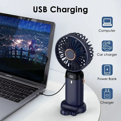 5000mAh Portable Mini Fan – Wireless USB Rechargeable, 5-Speed Foldable Neck Hanging Fan with Digital Display & Phone Holder