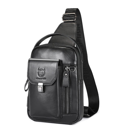 BULLCAPTAIN Men's Genuine Leather Chest Bag – Retro Anti-Theft Crossbody Bag for 7.9" Devices