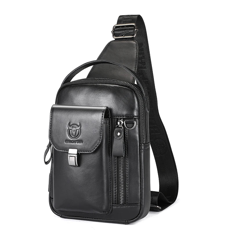 BULLCAPTAIN Men's Genuine Leather Chest Bag – Retro Anti-Theft Crossbody Bag for 7.9" Devices