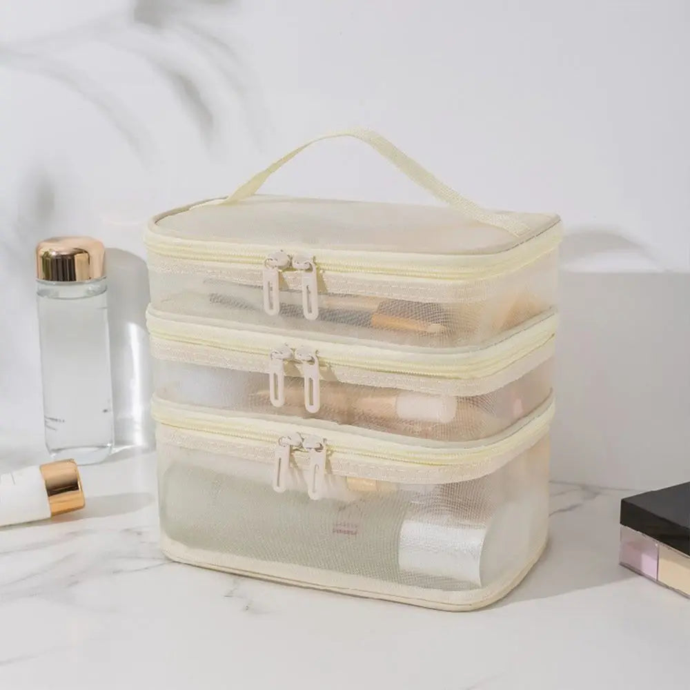 Fashion Transparent Mesh Travel Cosmetic Bag – Large Capacity 1/2/3 Layer Toiletry & Makeup Organizer for Women