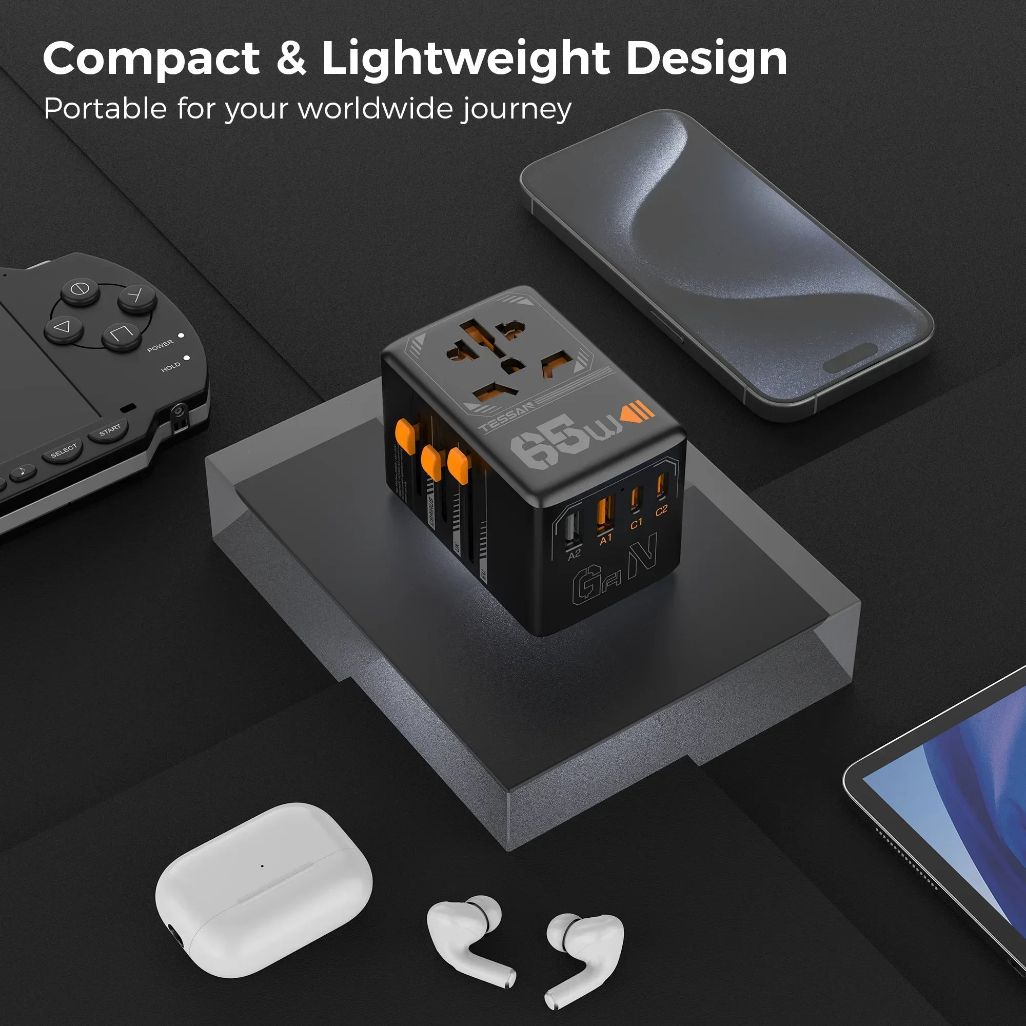 TESSAN 65W GaN Universal Travel Adapter – Fast Charging USB & Type-C Power Adapter for EU/UK/US/AU!