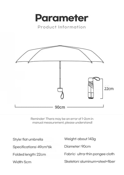 Parachase Flat Rain Umbrella Woman Lightweight 143g Foldable Mini Umbrella Pocket Portable Travel Folding Umbrella Windproof