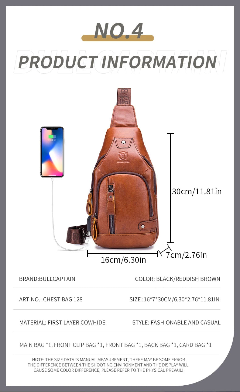 Bullcaptain Leather Large Capacity Chest Bag – Men’s Shoulder Bag with USB Port for Outdoor Casual Activities