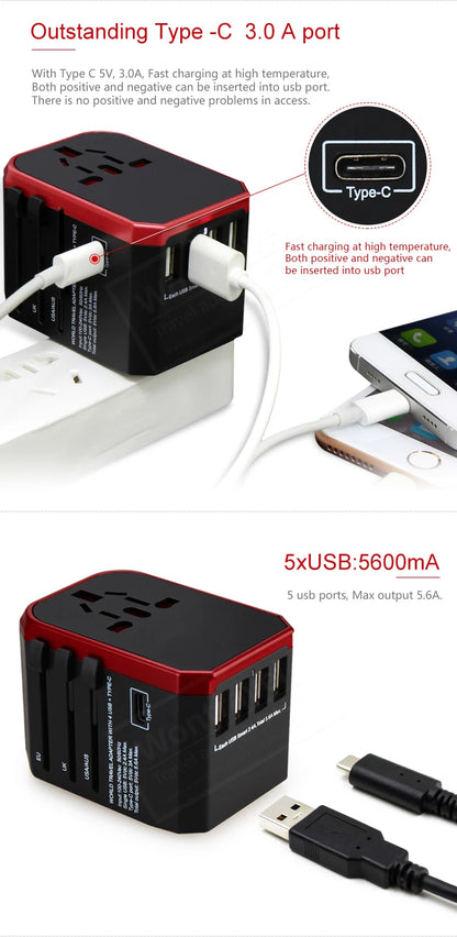 Melery Universal Travel Adapter – International Plug with USB & Type-C Fast Charging for US/EU/UK/AU