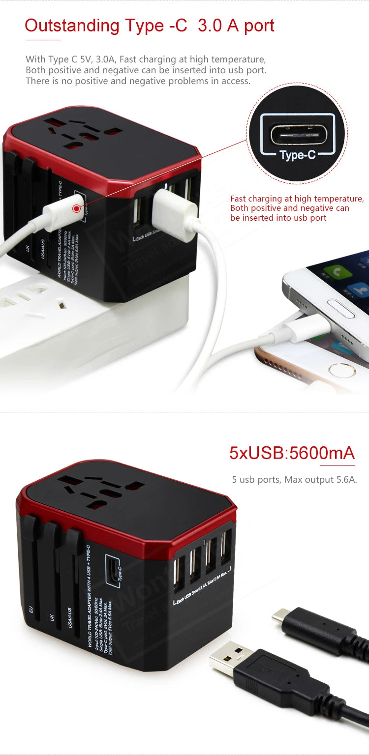 Melery Universal Travel Adapter – International Plug with USB & Type-C Fast Charging for US/EU/UK/AU