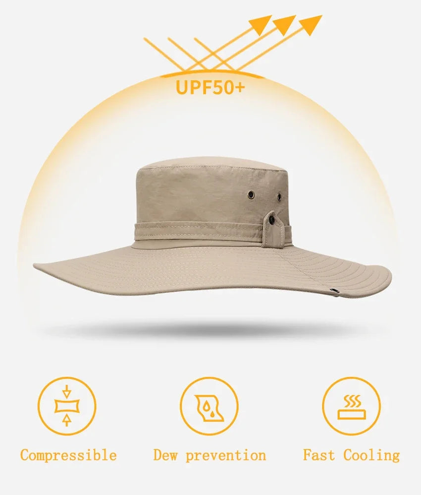 2025 Summer Wide Brim Bucket Hat – Breathable Mesh Outdoor Sun Cap for Men