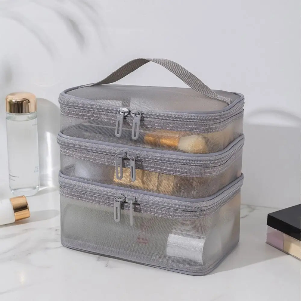 Fashion Transparent Mesh Travel Cosmetic Bag – Large Capacity 1/2/3 Layer Toiletry & Makeup Organizer for Women