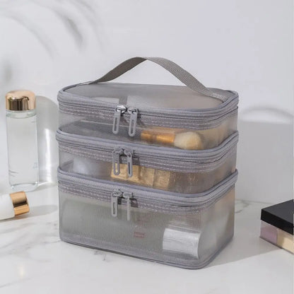 Fashion Transparent Mesh Travel Cosmetic Bag – Large Capacity 1/2/3 Layer Toiletry & Makeup Organizer for Women