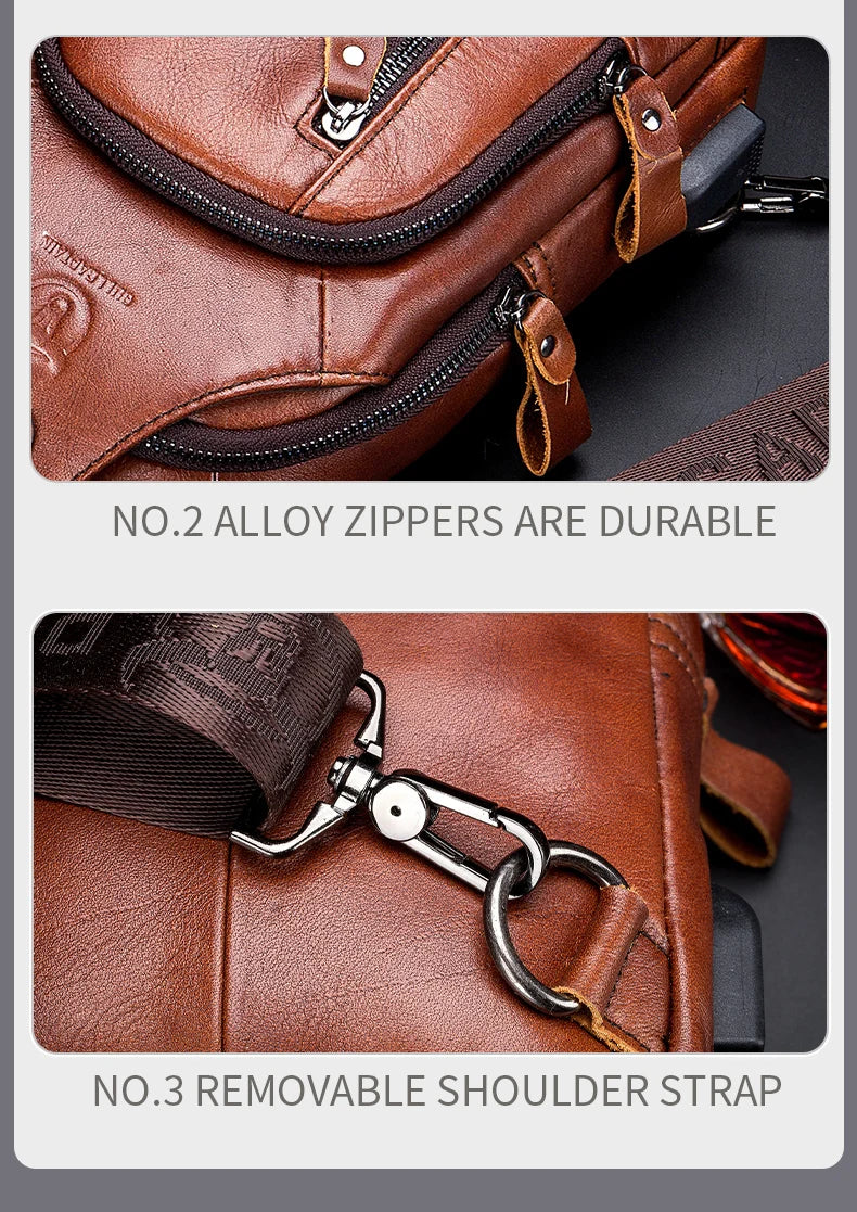 Bullcaptain Leather Large Capacity Chest Bag – Men’s Shoulder Bag with USB Port for Outdoor Casual Activities