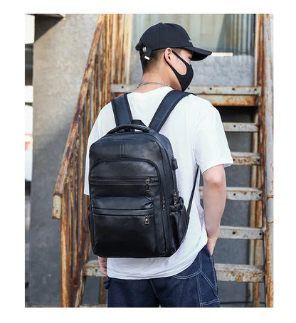 High-Quality USB Charging Backpack for Men – PU Leather Laptop Backpack, Large Schoolbag for Teenagers and Boys