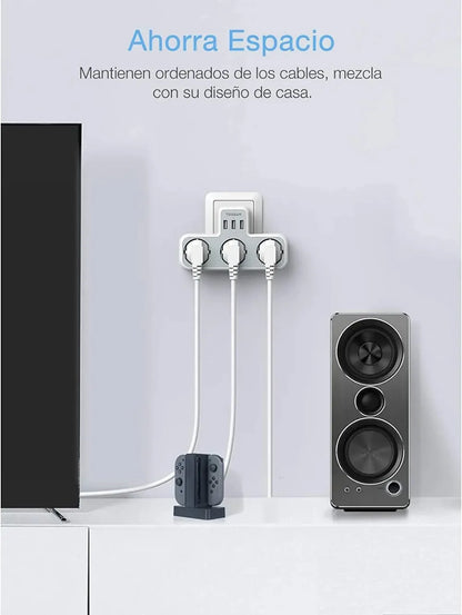 TESSAN 6-in-1 Socket Adapter – 3-Way Outlet with USB & Surge Protection for Travel, Smartphones & Laptops!