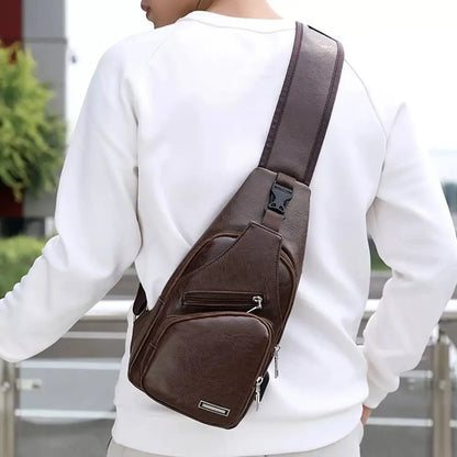 USB Data Cable Charging Chest Bag – Casual Fashion Shoulder Bag, PU Outdoor Sports Men’s Backpack