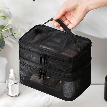 Fashion Transparent Mesh Travel Cosmetic Bag – Large Capacity 1/2/3 Layer Toiletry & Makeup Organizer for Women