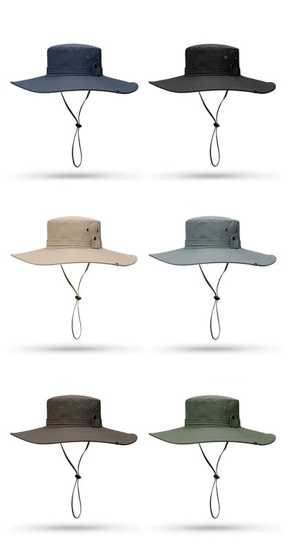2025 Summer Wide Brim Bucket Hat – Breathable Mesh Outdoor Sun Cap for Men
