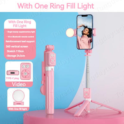 Bluetooth Wireless Selfie Stick – Foldable Phone Stand with Ring Light for Makeup, Video, & Live Streaming