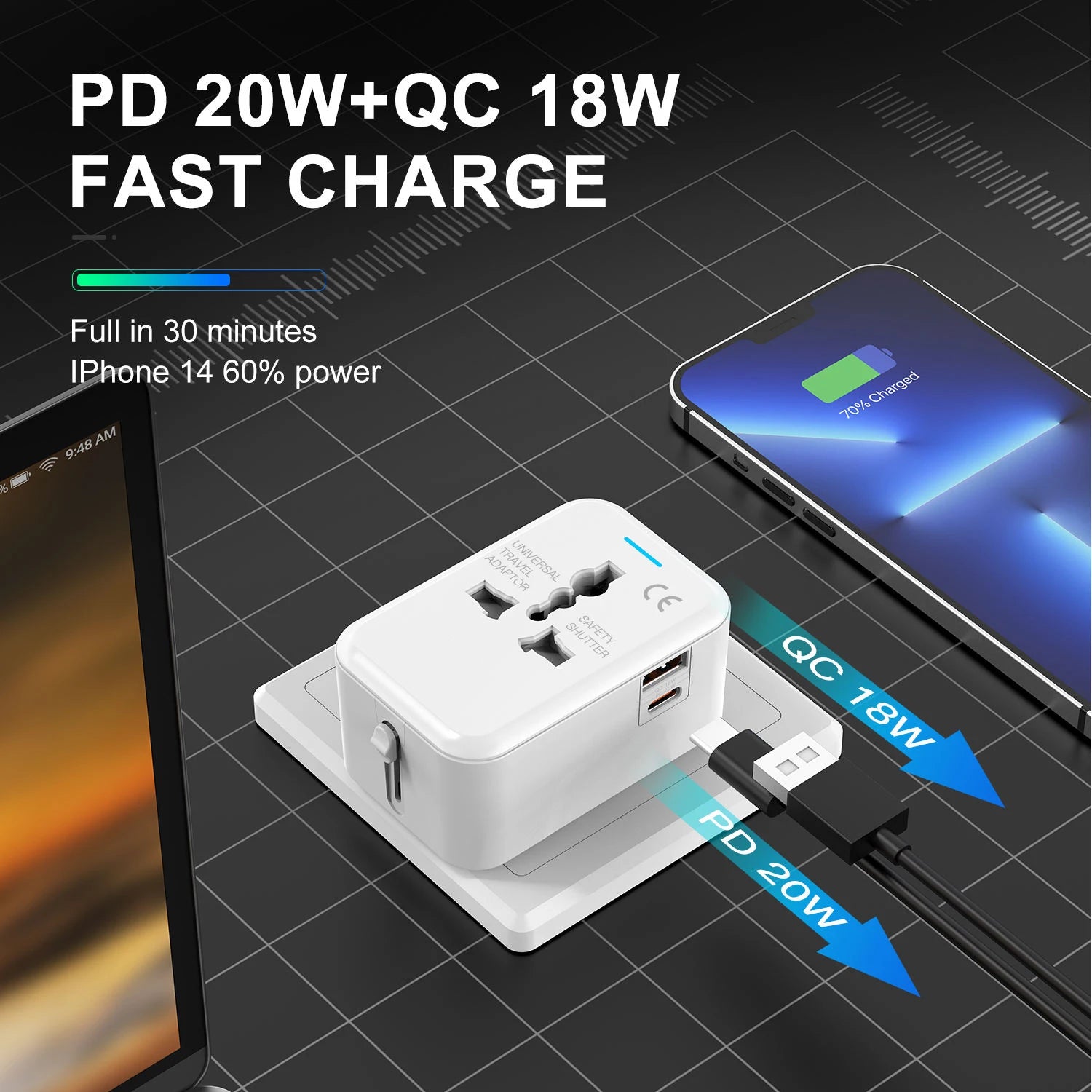 Tinsol 20W PD Fast Charger – Universal Travel Power Adapter with EU/UK/US/AUS Plugs & Type-C Charging