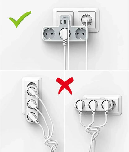 TESSAN 6-in-1 Socket Adapter – 3-Way Outlet with USB & Surge Protection for Travel, Smartphones & Laptops!