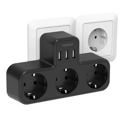 TESSAN 6-in-1 Socket Adapter – 3-Way Outlet with USB & Surge Protection for Travel, Smartphones & Laptops!
