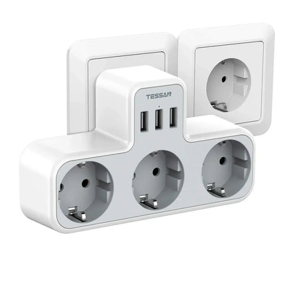 TESSAN 6-in-1 Socket Adapter – 3-Way Outlet with USB & Surge Protection for Travel, Smartphones & Laptops!