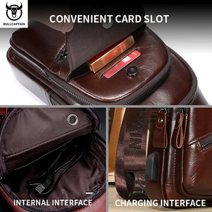 BULLCAPTAIN 2025 Men's Leather Chest Bag – Large Capacity Casual Messenger Bag, Classic Leather XB 127
