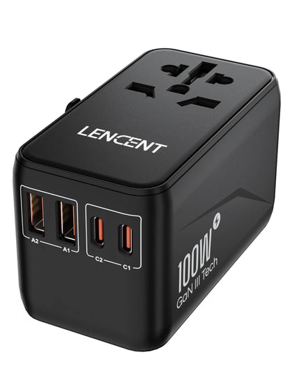 LENCENT 100W GaN Universal Travel Adapter – 2 QC4.0 USB-A & 2 PD3.0 Type-C PPS Fast Charging, EU/UK/USA/AUS Plug for Travel