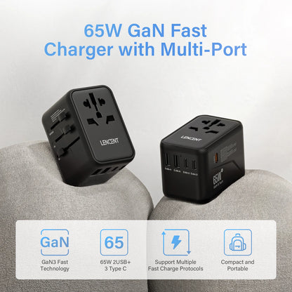 LENCENT 65W/100W GaN Universal Travel Adapter – Fast Charging EU/UK/US/AU Plug with 2 USB & 3 Type-C Ports