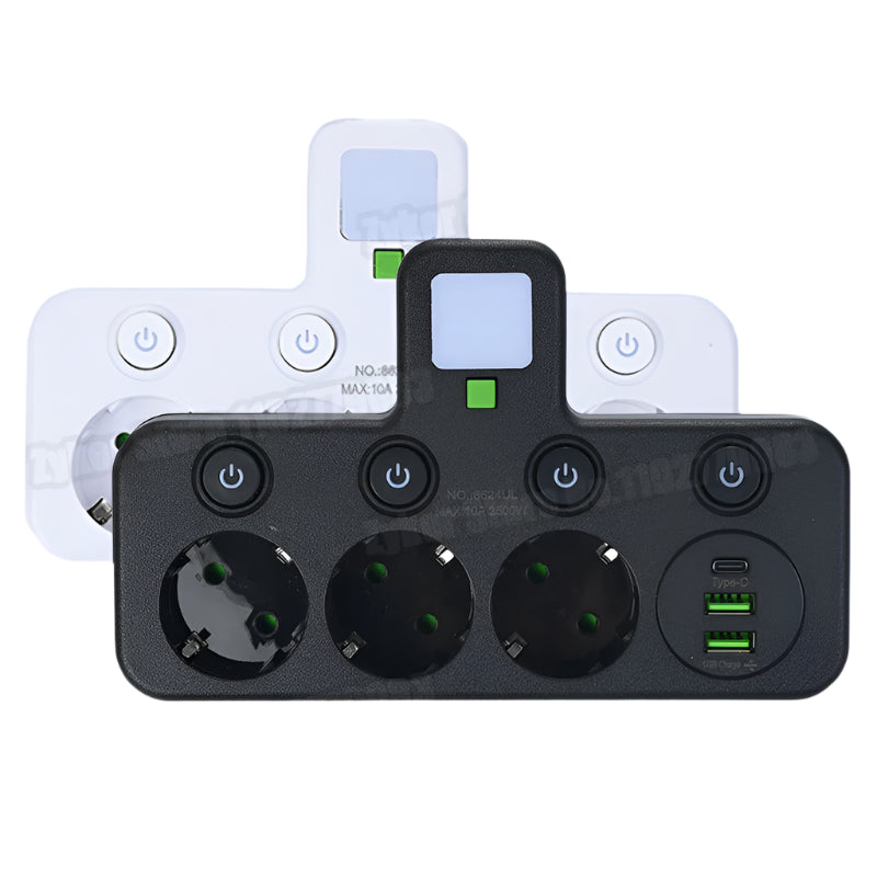 EU Plug Power Strip – 6-in-1 Wall Charger with 3 AC Outlets, 2 USB Ports & 1 Type-C for Home & Office